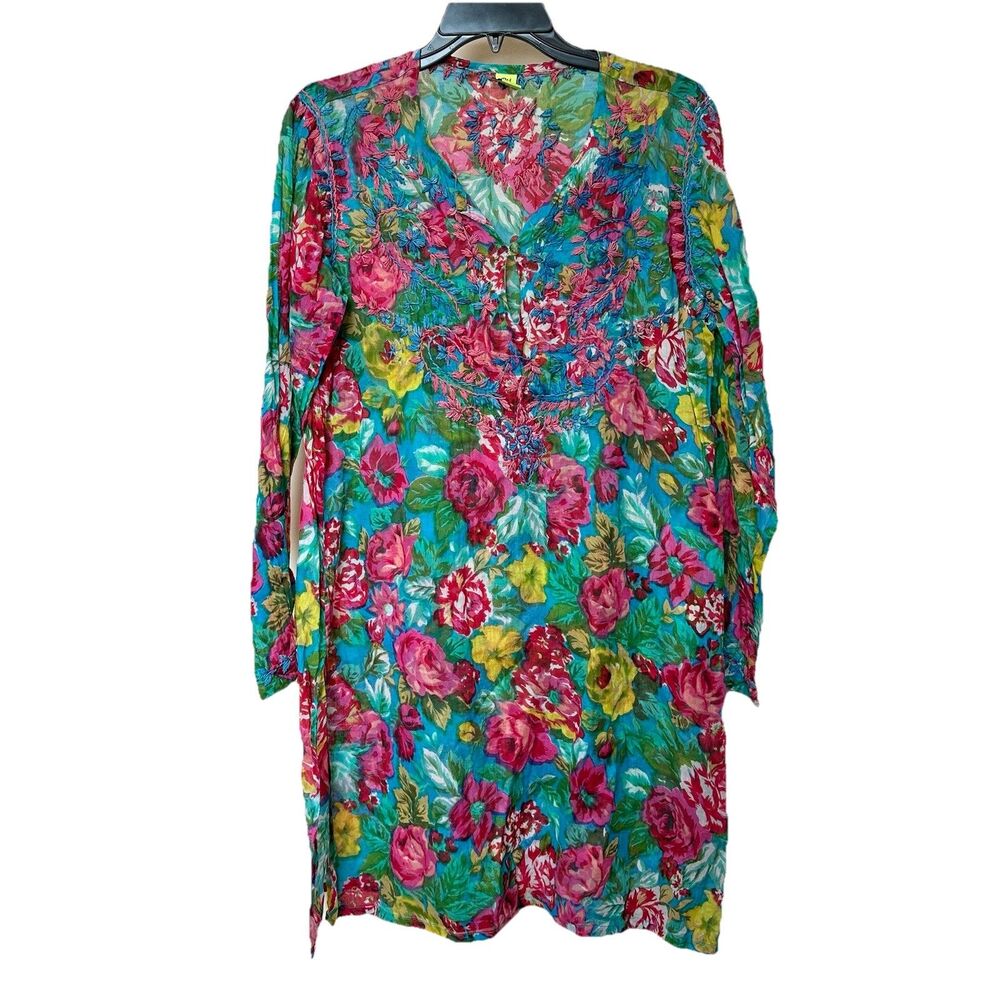 Raj Tunic Mini Dress XL Colorful Floral Pullover Guazy Cotton Embroidered Cruise